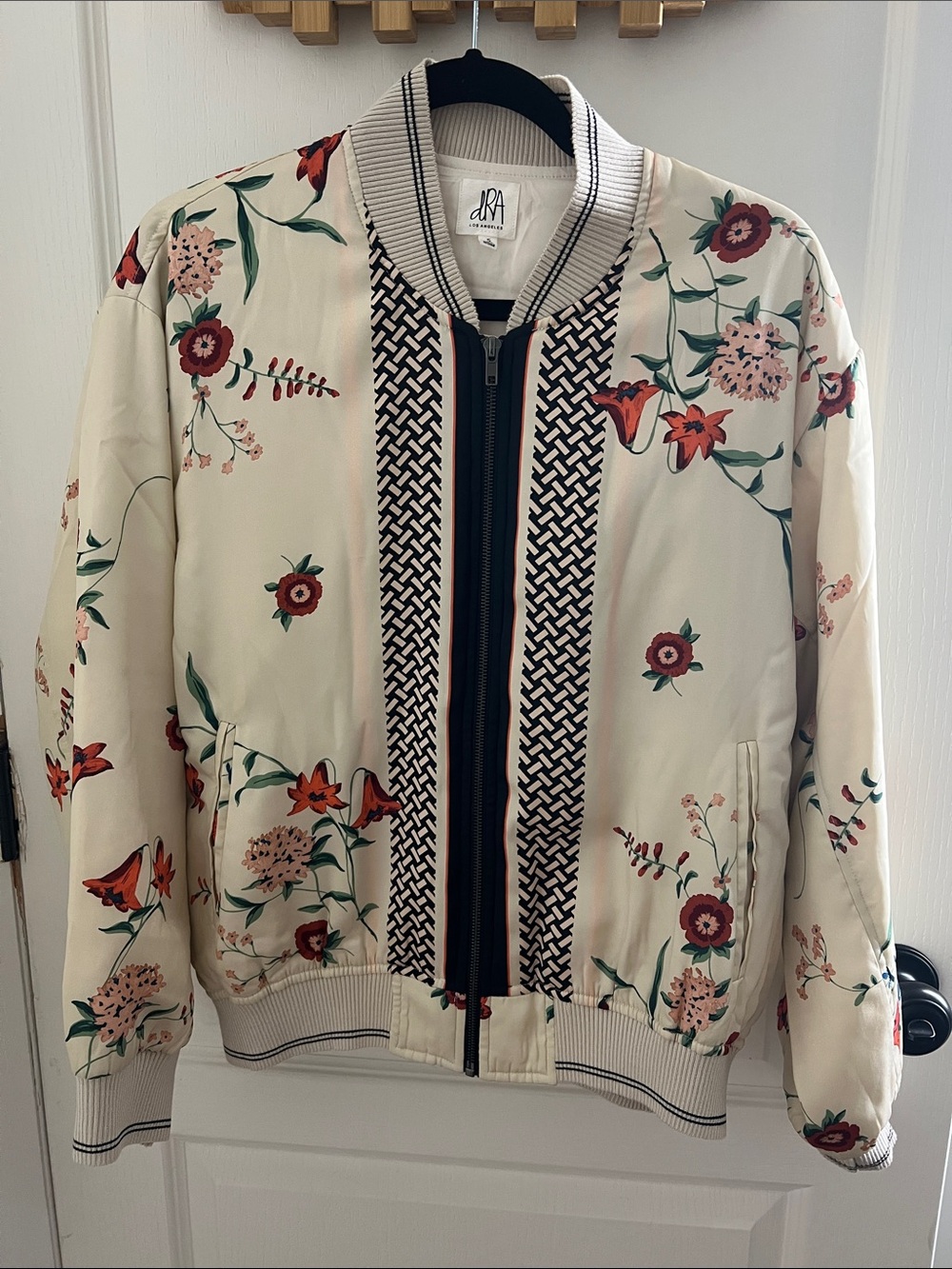 Floral Cream Bomber Jacket with Contrast Trim